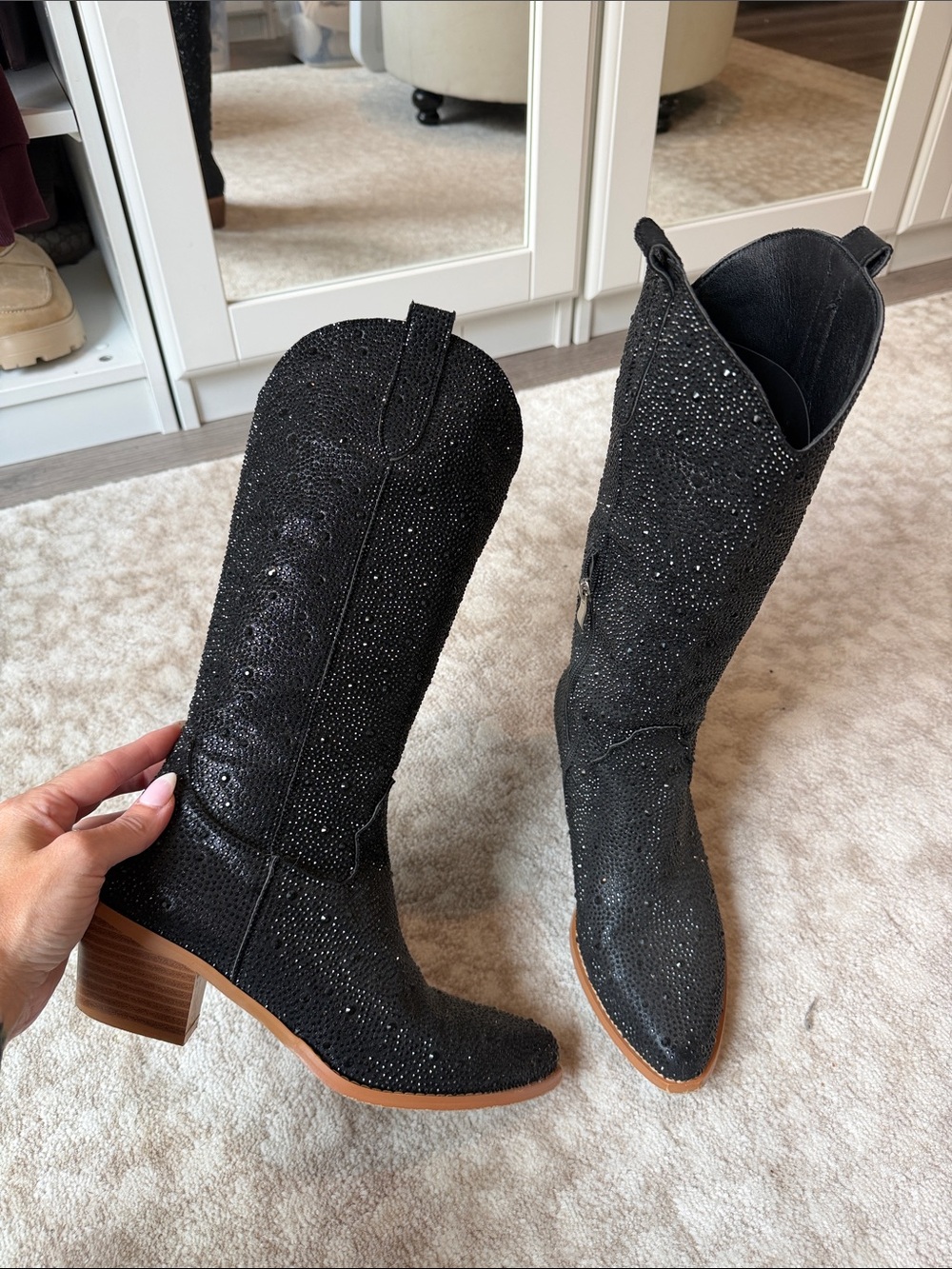 Black Embellished Western Mid-Calf Boots - Women